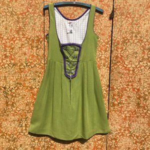 Vtg 70s Lime Green German Party Dress Rose Dirndl